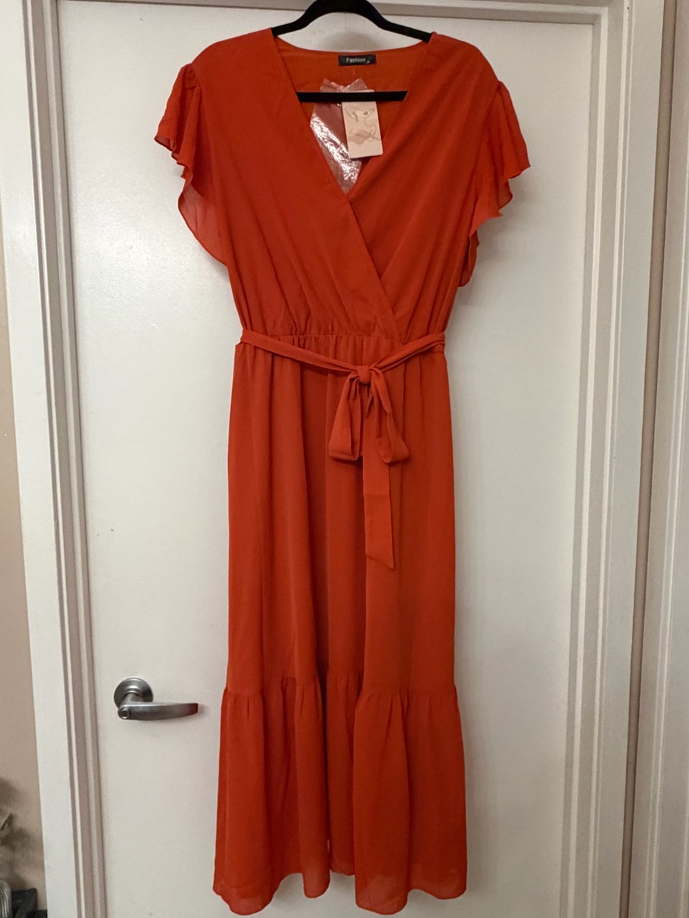 Orange Wrap Long Dress with Tie Waist